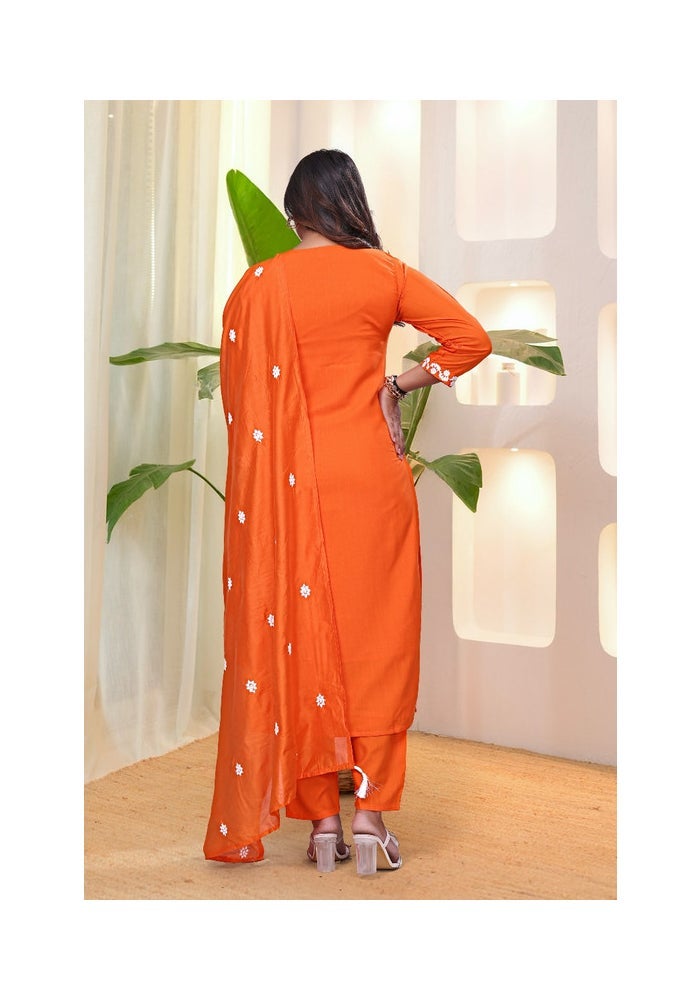 Malishka Export Orange Rayon Slub Embroidered Kurta Pant for Women - Image 2